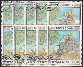 FRIMÆRKER DANMARK | 1985 - AFA 842 - Niels Bohr - 2,80 Kr. flerfarvet x 10 stk. - Pænt hjørnestemplet